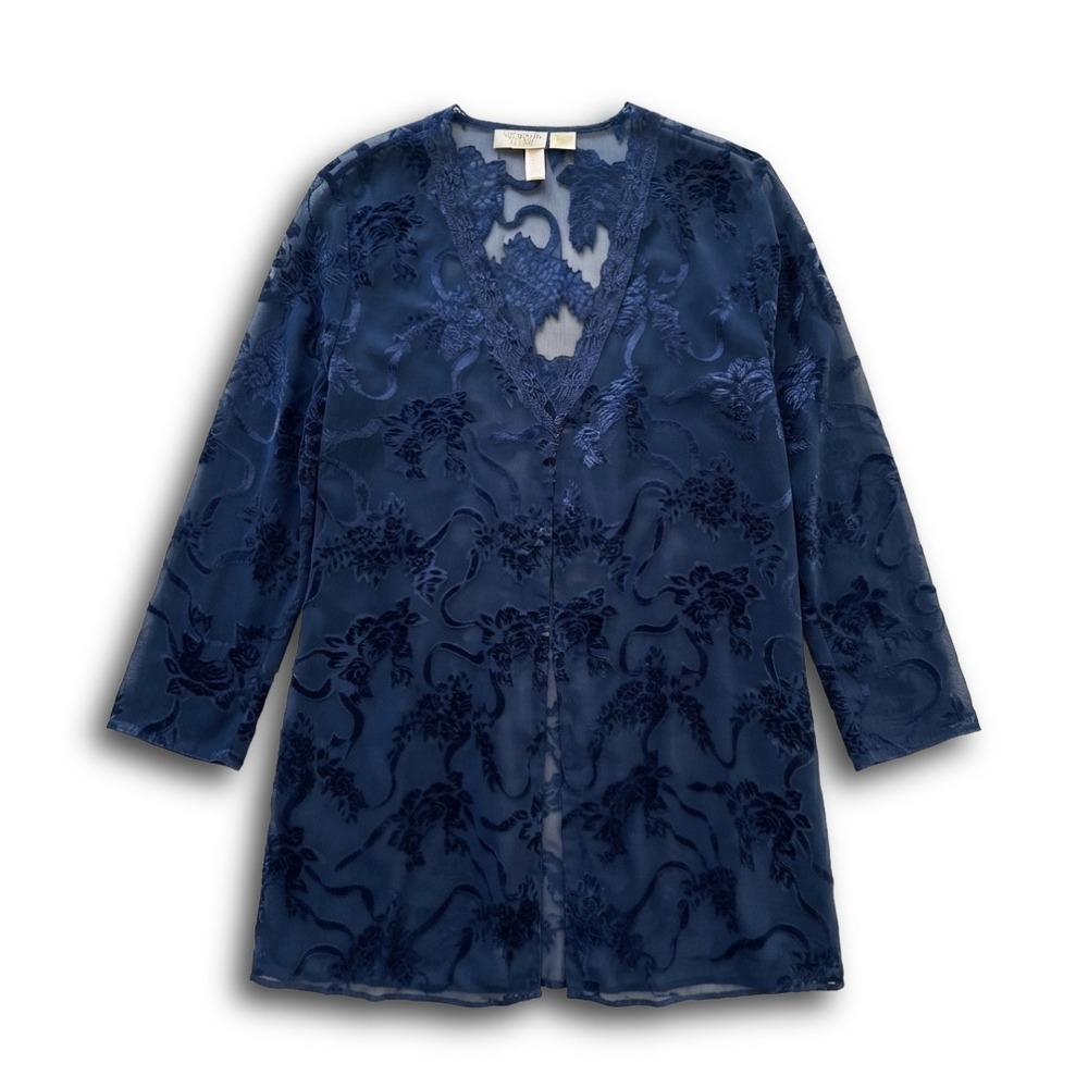 Vintage Victorias Secret Gold Label Navy Blue Floral Burnout Velvet Robe PS